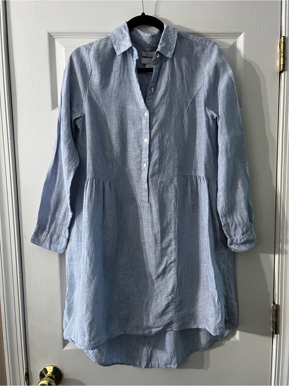 Halston S small Blue Linen High Low Mini LS Shirt Dress Beach Coastal Preppy